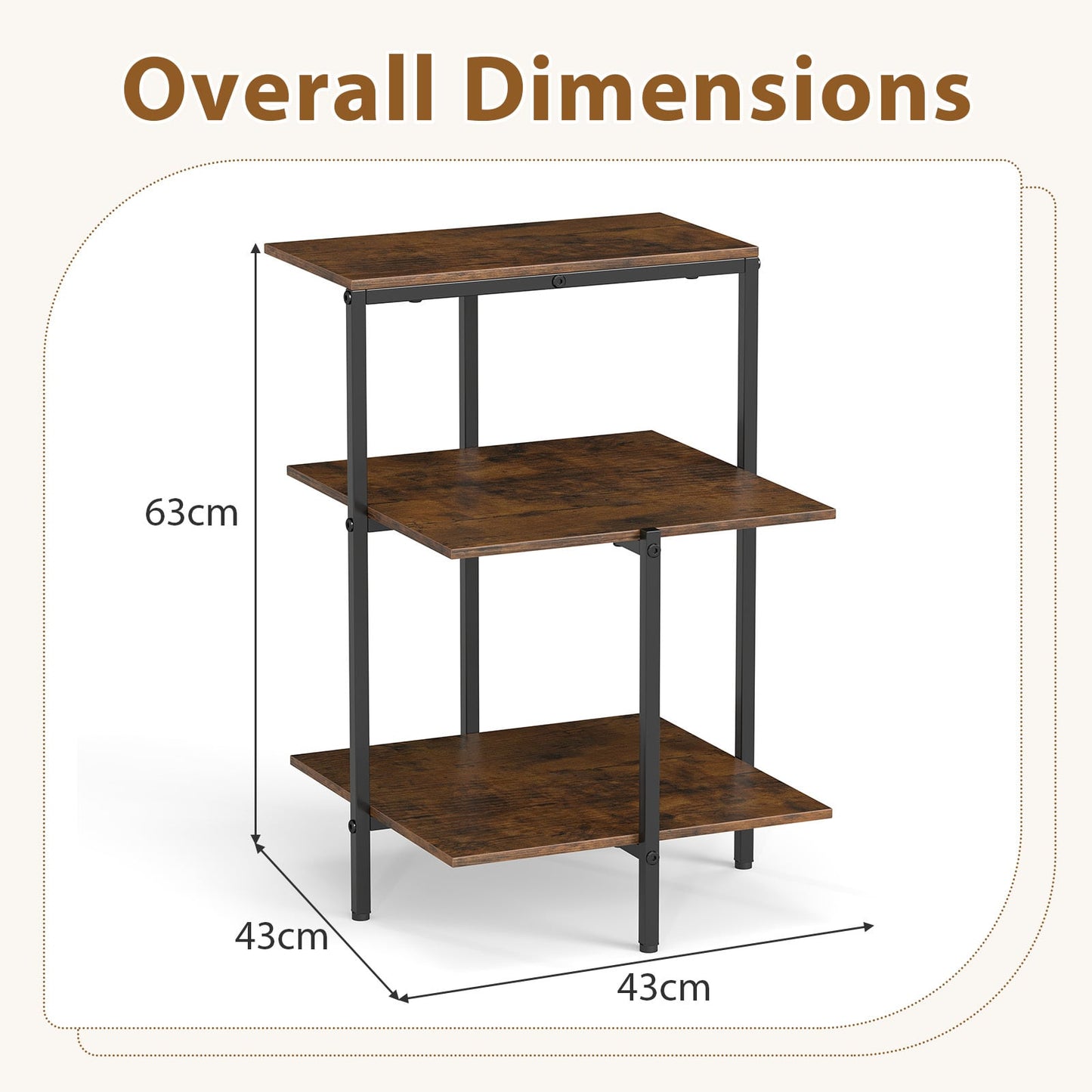 3-Tier Side Table Square End Table with Open Storage Shelves-RusticBrown