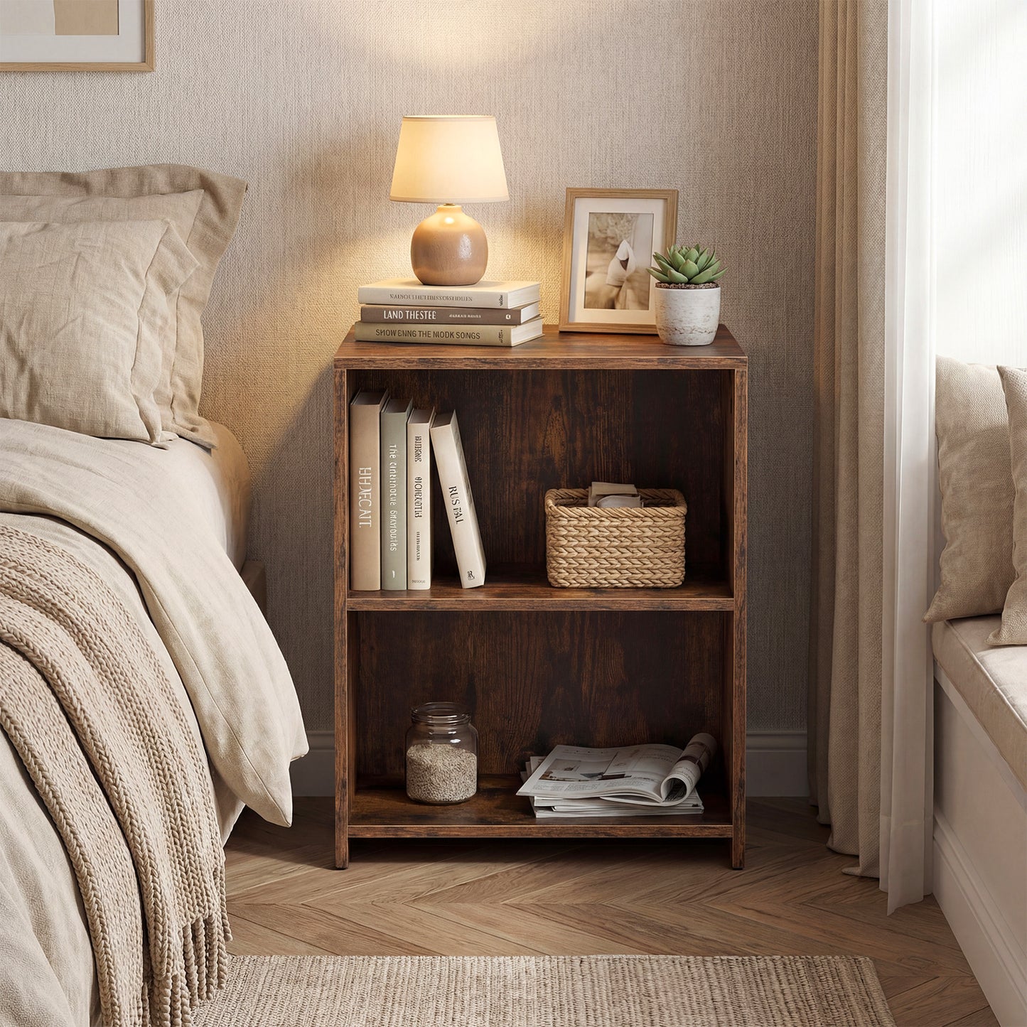 3-Tier Square Wooden End Table with Open Storage Shelves-Rusticbrown