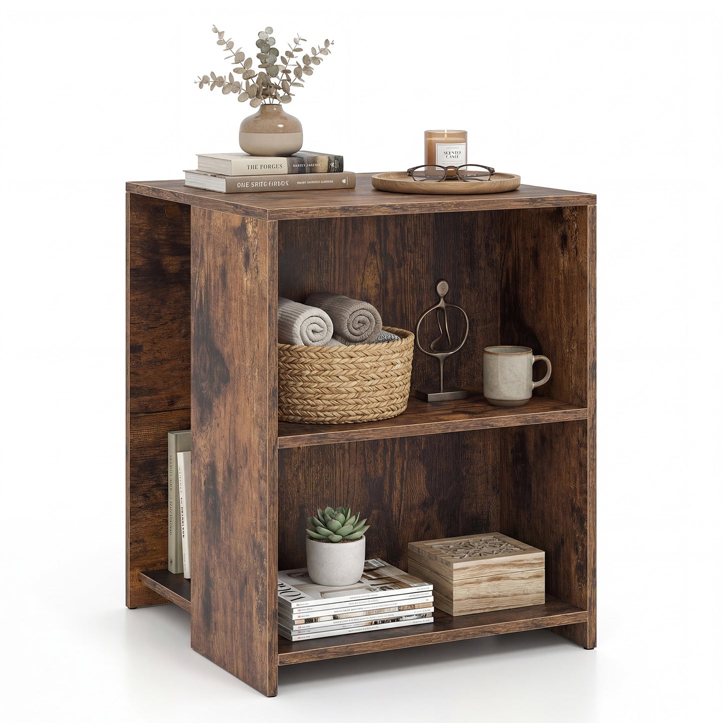 3-Tier Square Wooden End Table with Open Storage Shelves-Rusticbrown