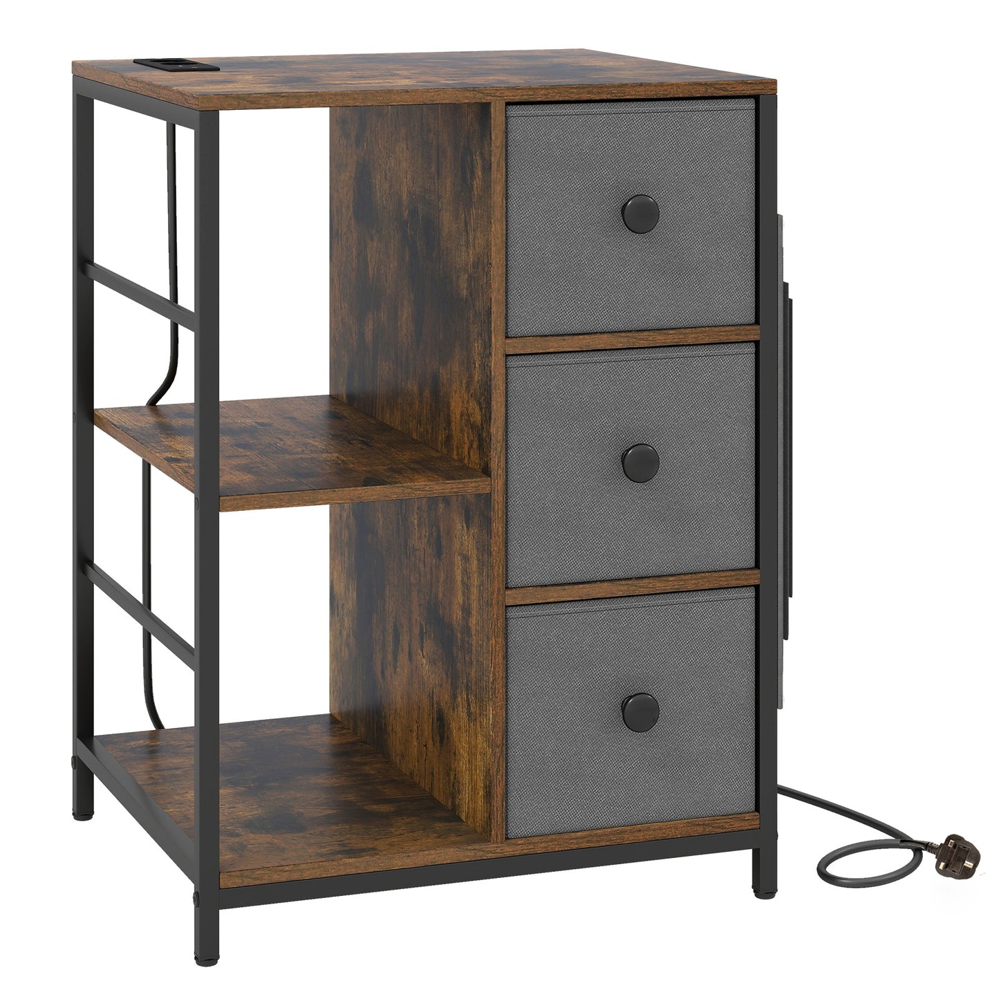 3-Tier Storage Cabinet with Charging Hub and Storage Shelf-Rustic Brown