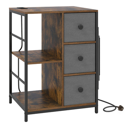 3-Tier Storage Cabinet with Charging Hub and Storage Shelf-Rustic Brown