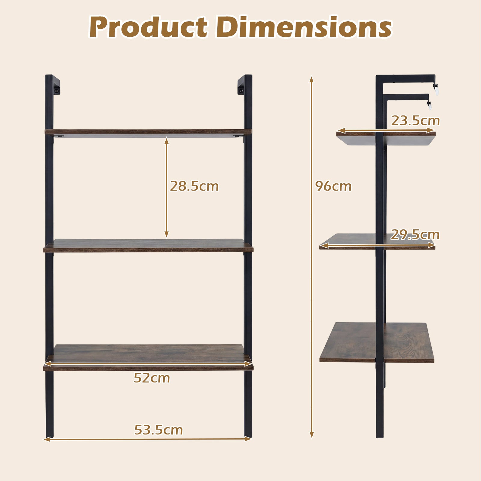 3-Tier Wall Mounted Shelves for Living Room Home Office-Rustic Brown