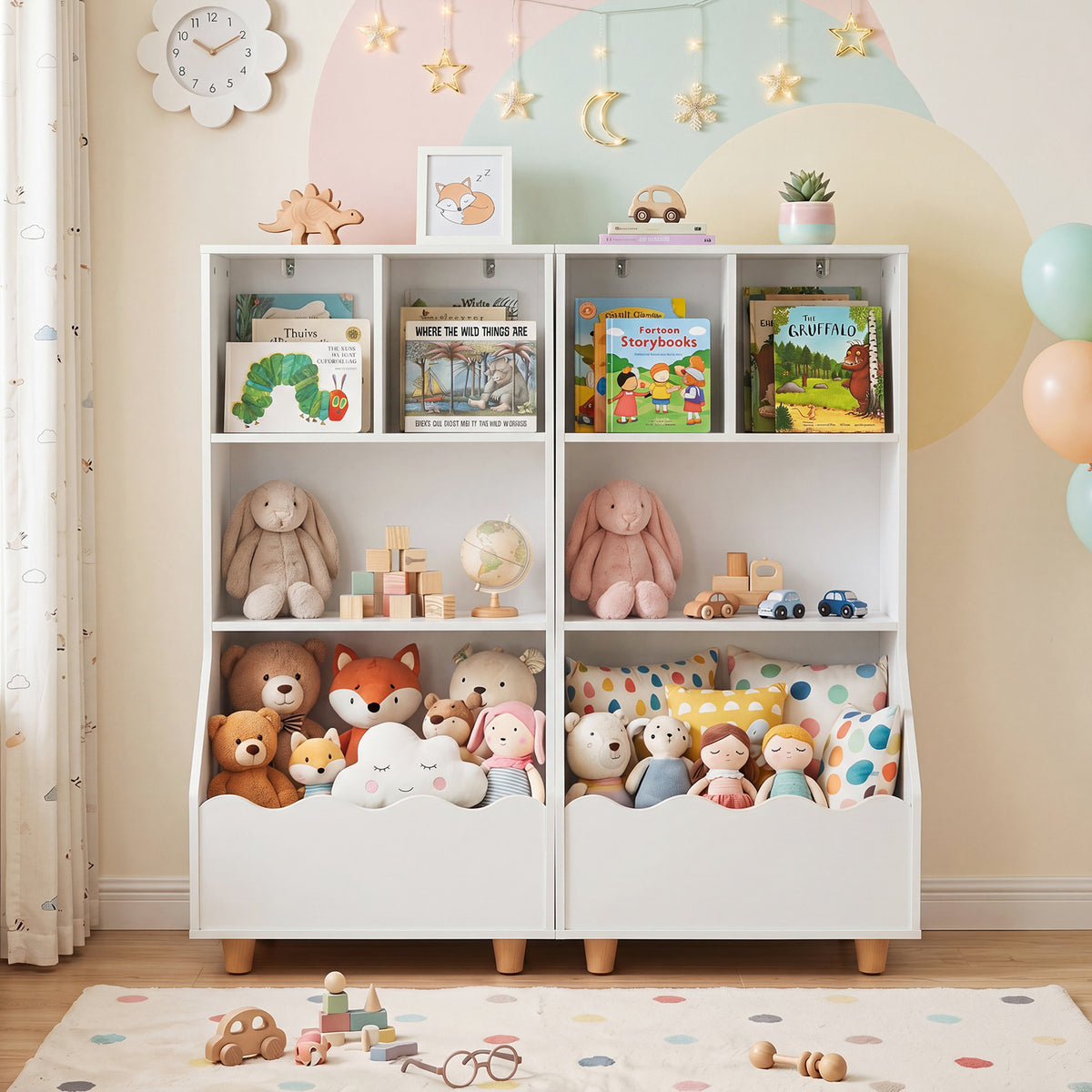3-Tier Wooden Bookshelf with 2 Anti-Toppling Devices Top Surface and 3 Compartments-White