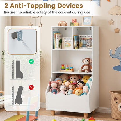 3-Tier Wooden Bookshelf with 2 Anti-Toppling Devices Top Surface and 3 Compartments-White