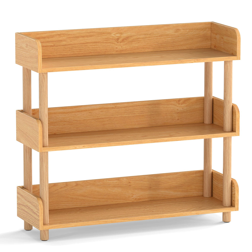 3-Tier Wooden Bookshelf with Sturdy Pine Wood Posts and Elevated Guardrails for Living Room-Natrual