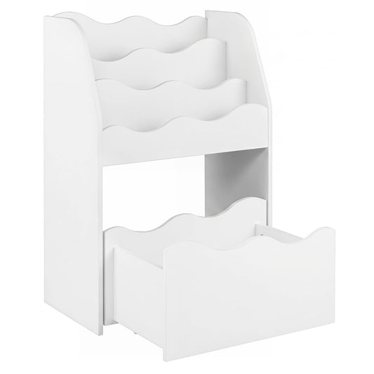 3-Tier Wooden Kids Book Shelf with Large Rolling Storage Drawer and Anti-Toppling Devices-White