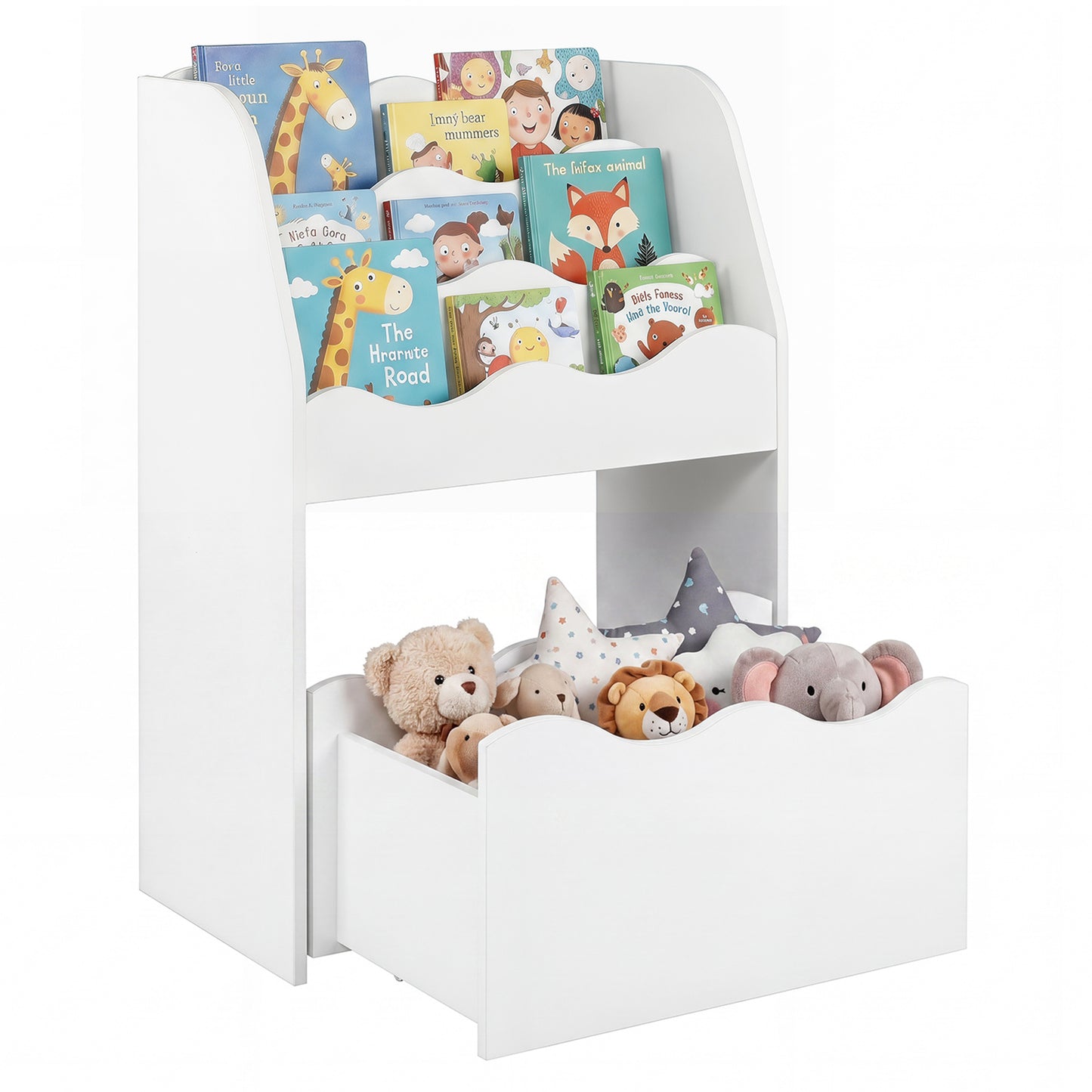 3-Tier Wooden Kids Book Shelf with Large Rolling Storage Drawer and Anti-Toppling Devices-White