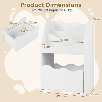 3-Tier Wooden Kids Book Shelf with Large Rolling Storage Drawer and Anti-Toppling Devices-White