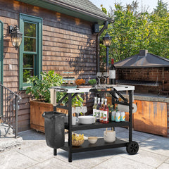 3-Tier Foldable Stainless Outdoor Cart with 2 Wheels-Black