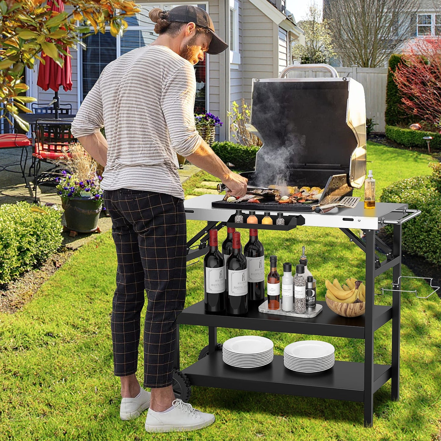 3-Tier Foldable Stainless Outdoor Cart with 2 Wheels-Black