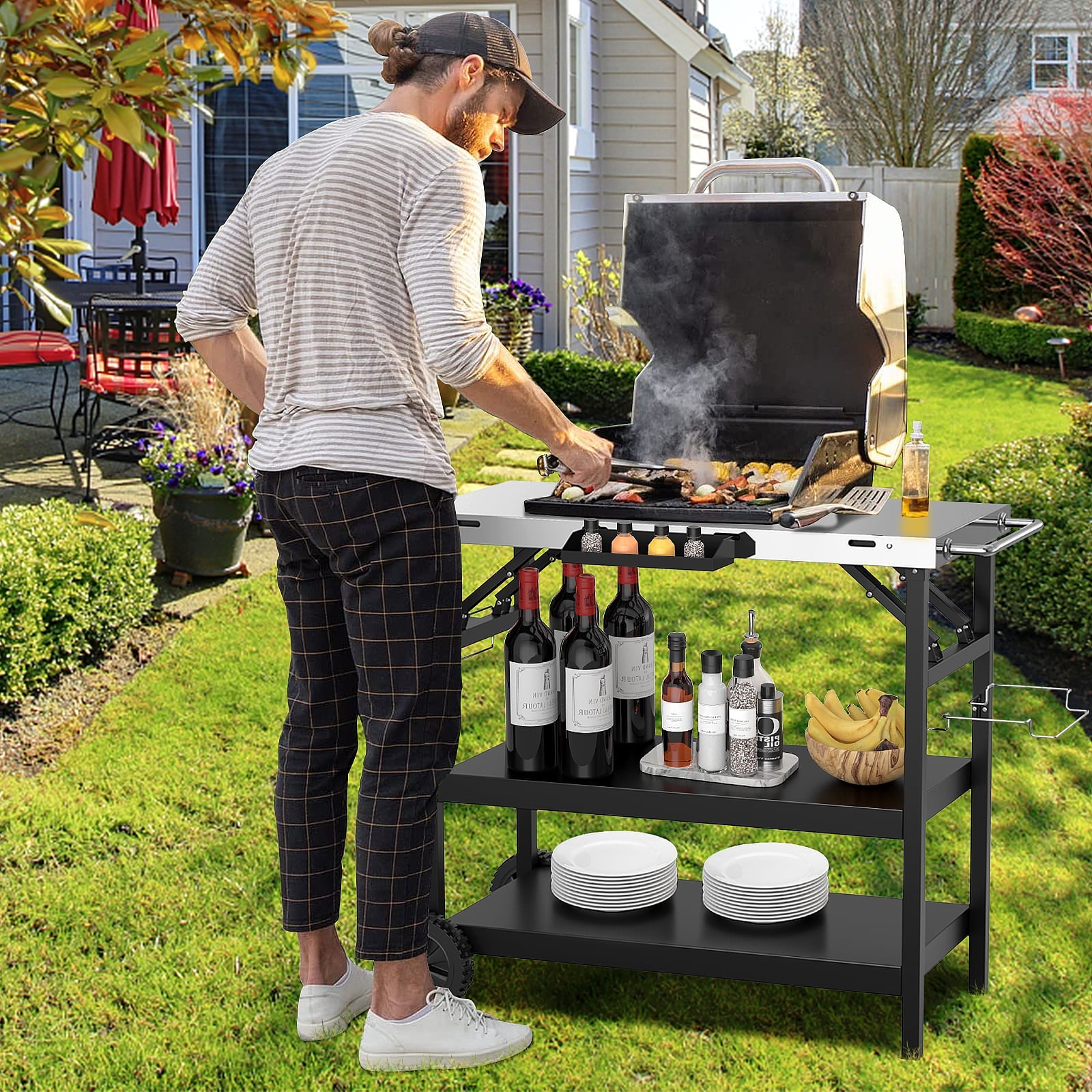 3-Tier Foldable Stainless Outdoor Cart with 2 Wheels-Black