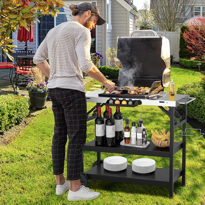 3-Tier Foldable Stainless Outdoor Cart with 2 Wheels-Black
