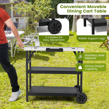 3-Tier Foldable Stainless Outdoor Cart with 2 Wheels-Black
