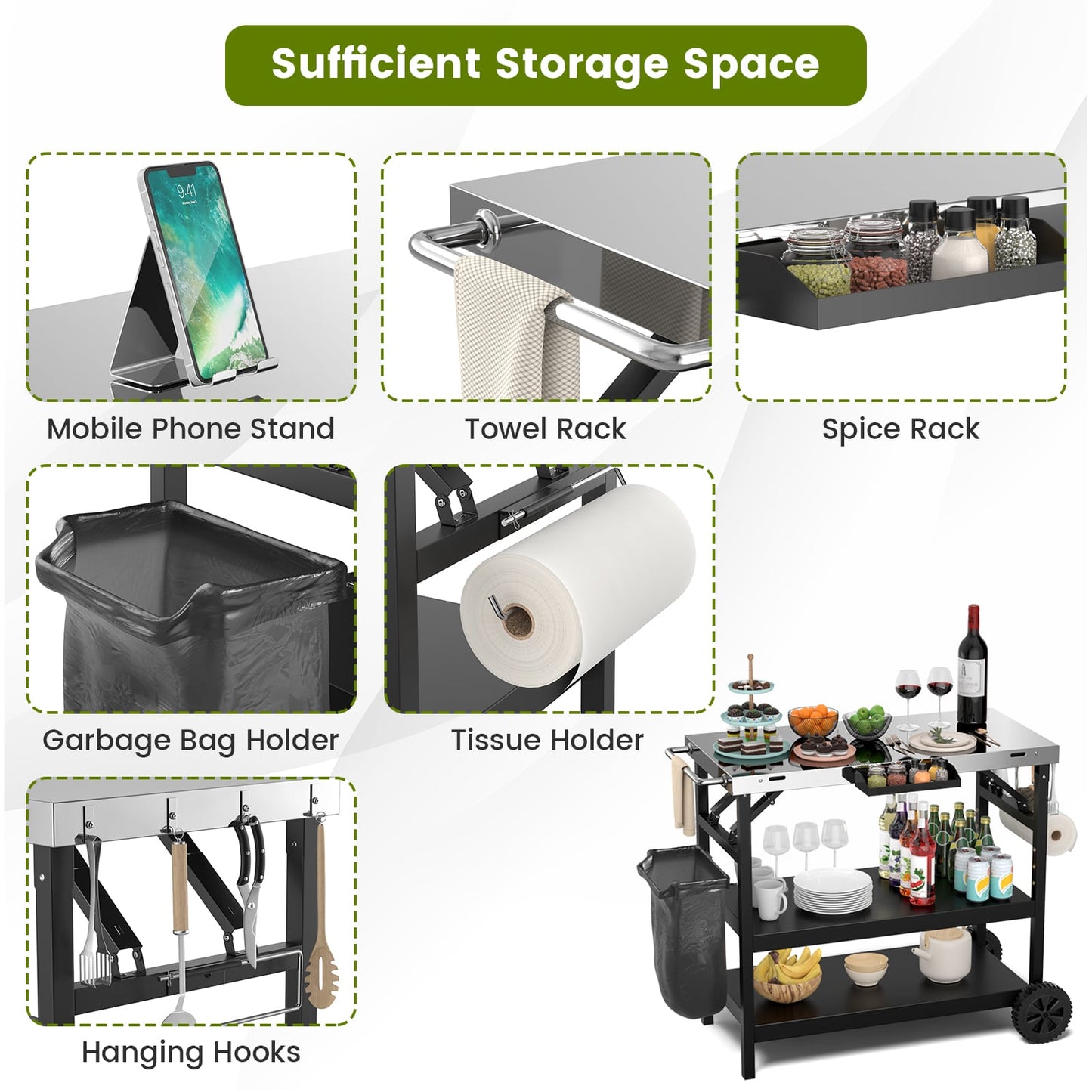 3-Tier Foldable Stainless Outdoor Cart with 2 Wheels-Black