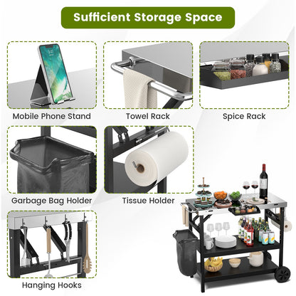 3-Tier Foldable Stainless Outdoor Cart with 2 Wheels-Black