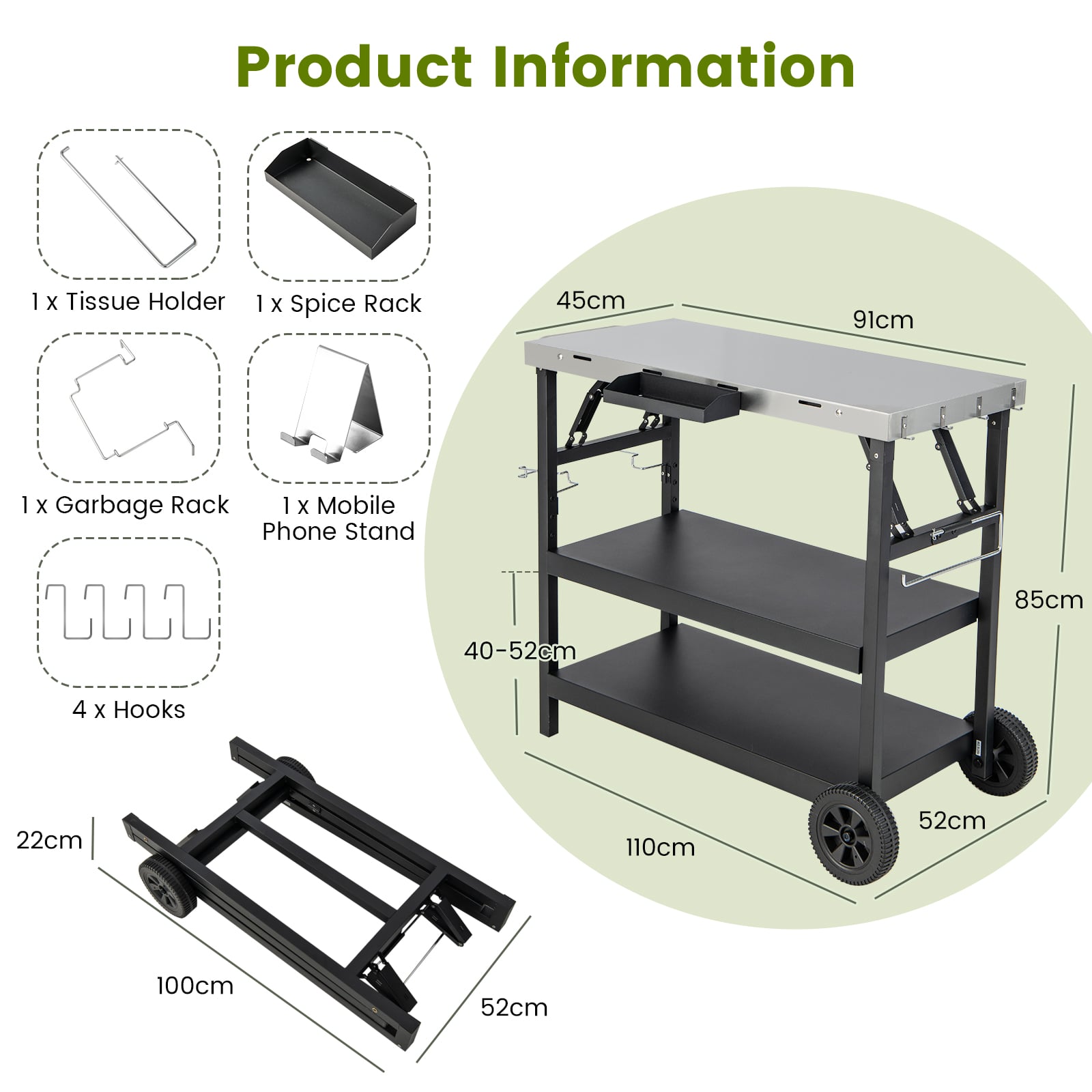 3-Tier Foldable Stainless Outdoor Cart with 2 Wheels-Black
