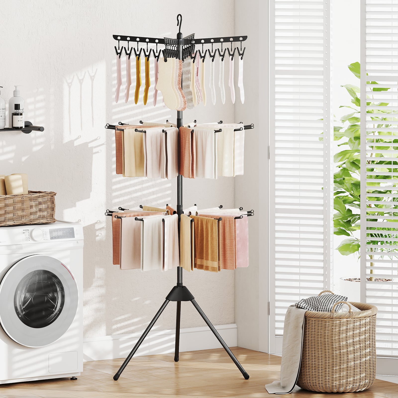 3-Tier Folding Clothes Drying Rack Tripod Laundry Drying Rack-Black