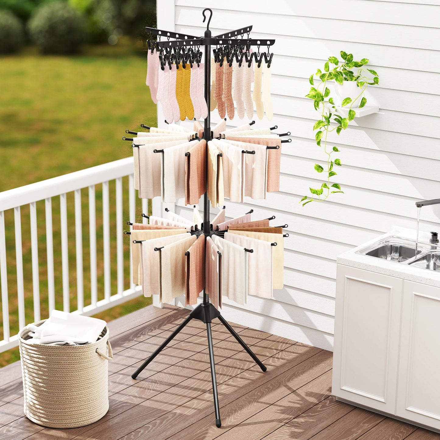 3-Tier Folding Clothes Drying Rack Tripod Laundry Drying Rack-Black