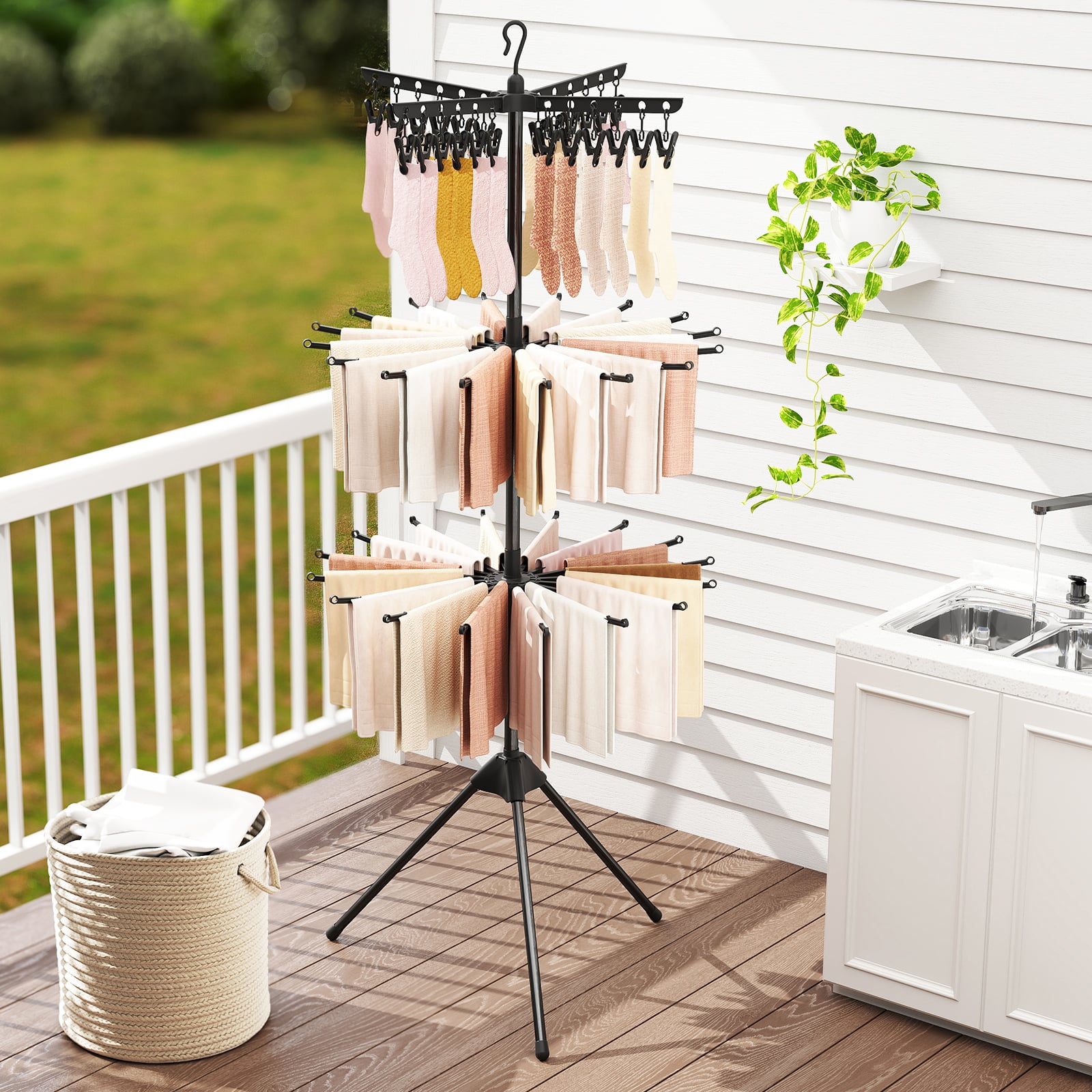 3-Tier Folding Clothes Drying Rack Tripod Laundry Drying Rack-Black