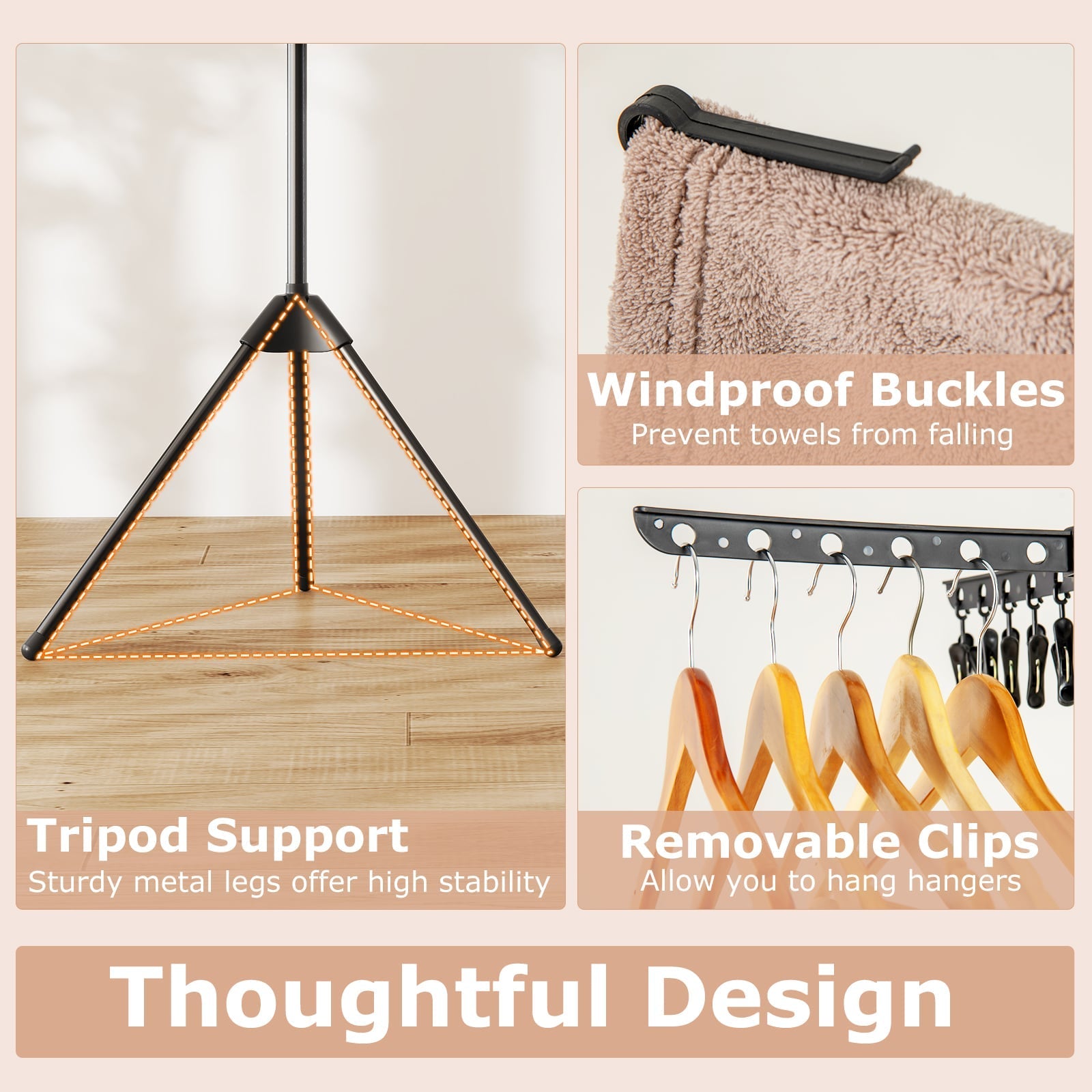3-Tier Folding Clothes Drying Rack Tripod Laundry Drying Rack-Black