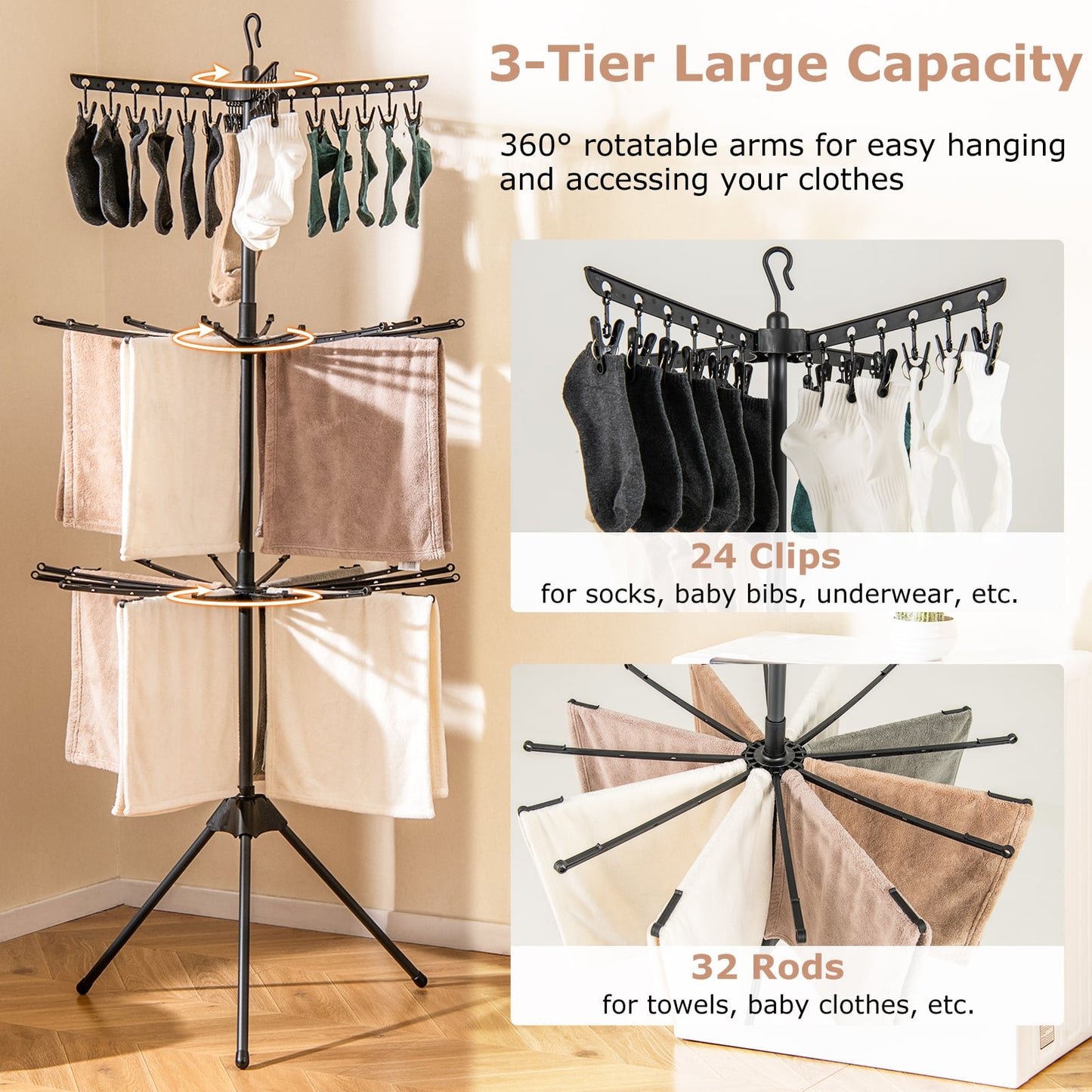 3-Tier Folding Clothes Drying Rack Tripod Laundry Drying Rack-Black