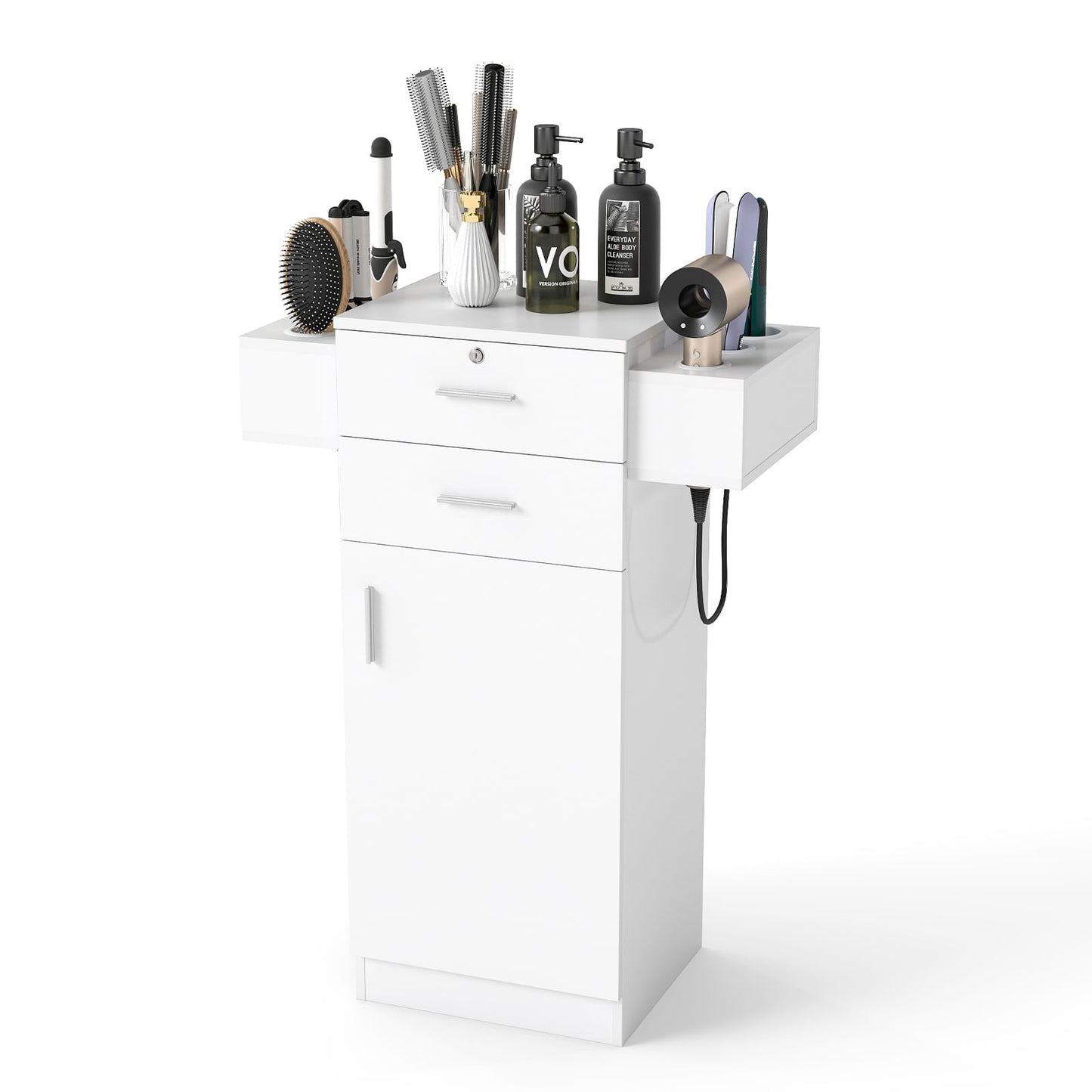 3-Tier Locking Salon Storage Cabinet with 2 Drawers and 6 Hair Dryer Holders-White