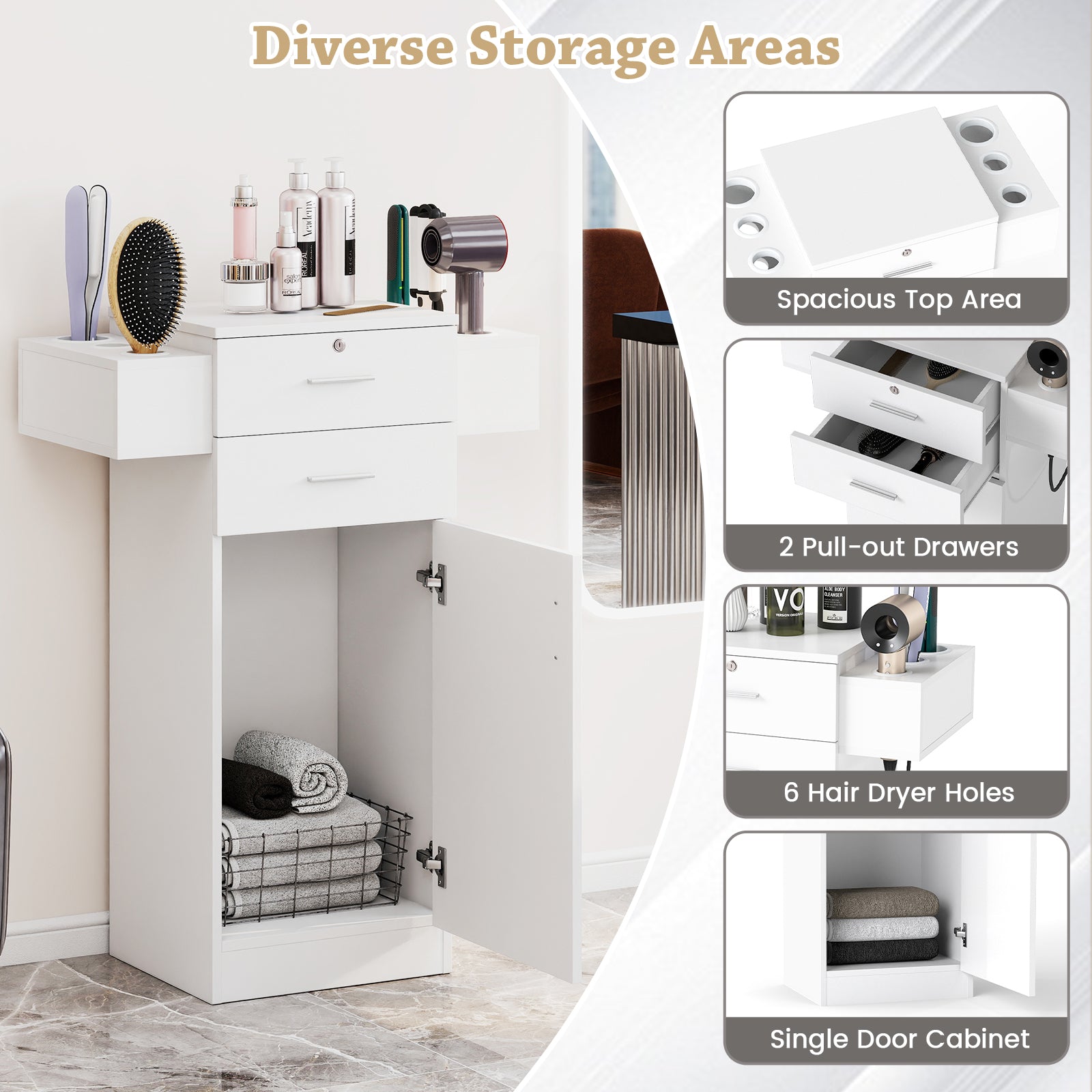 3-Tier Locking Salon Storage Cabinet with 2 Drawers and 6 Hair Dryer Holders-White