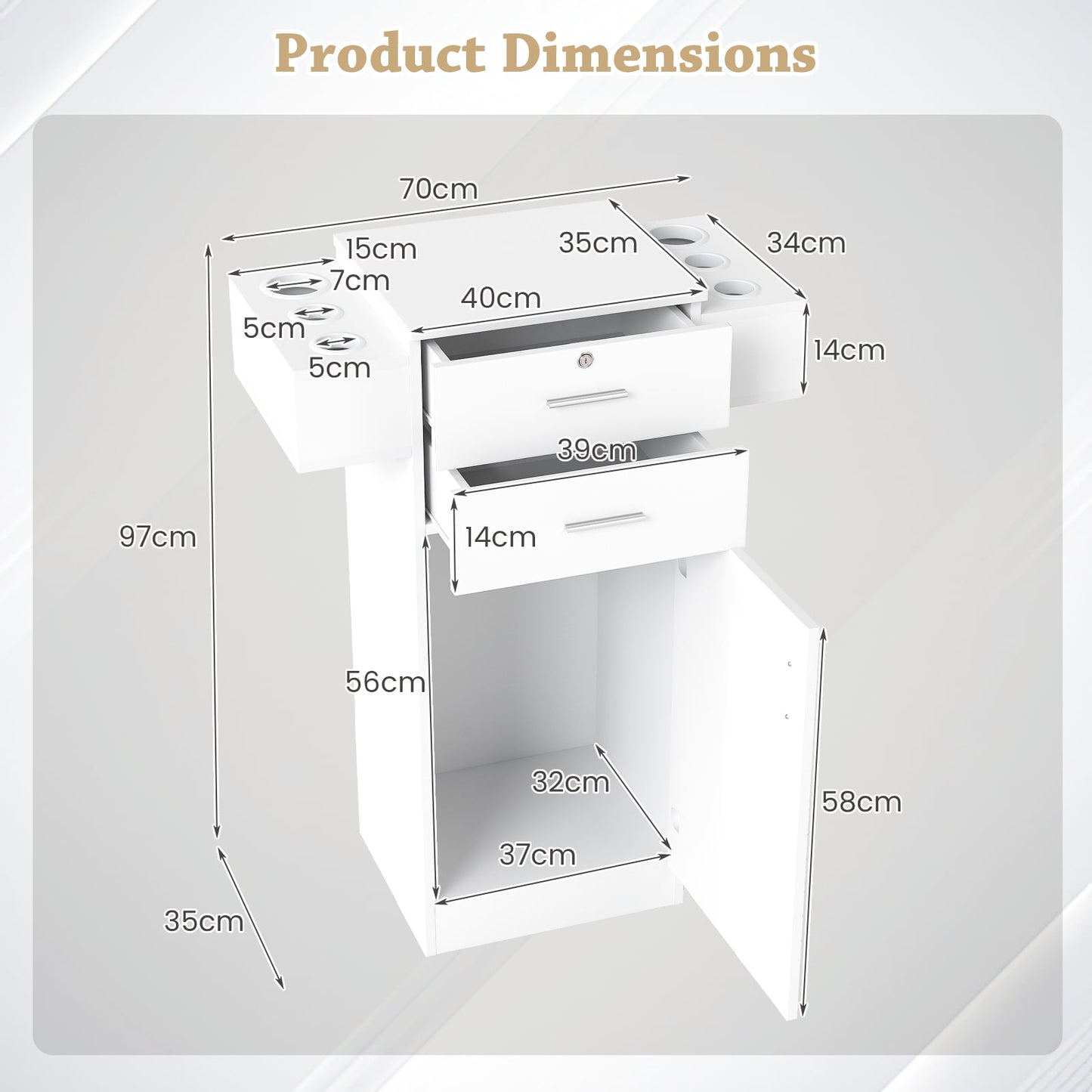 3-Tier Locking Salon Storage Cabinet with 2 Drawers and 6 Hair Dryer Holders-White