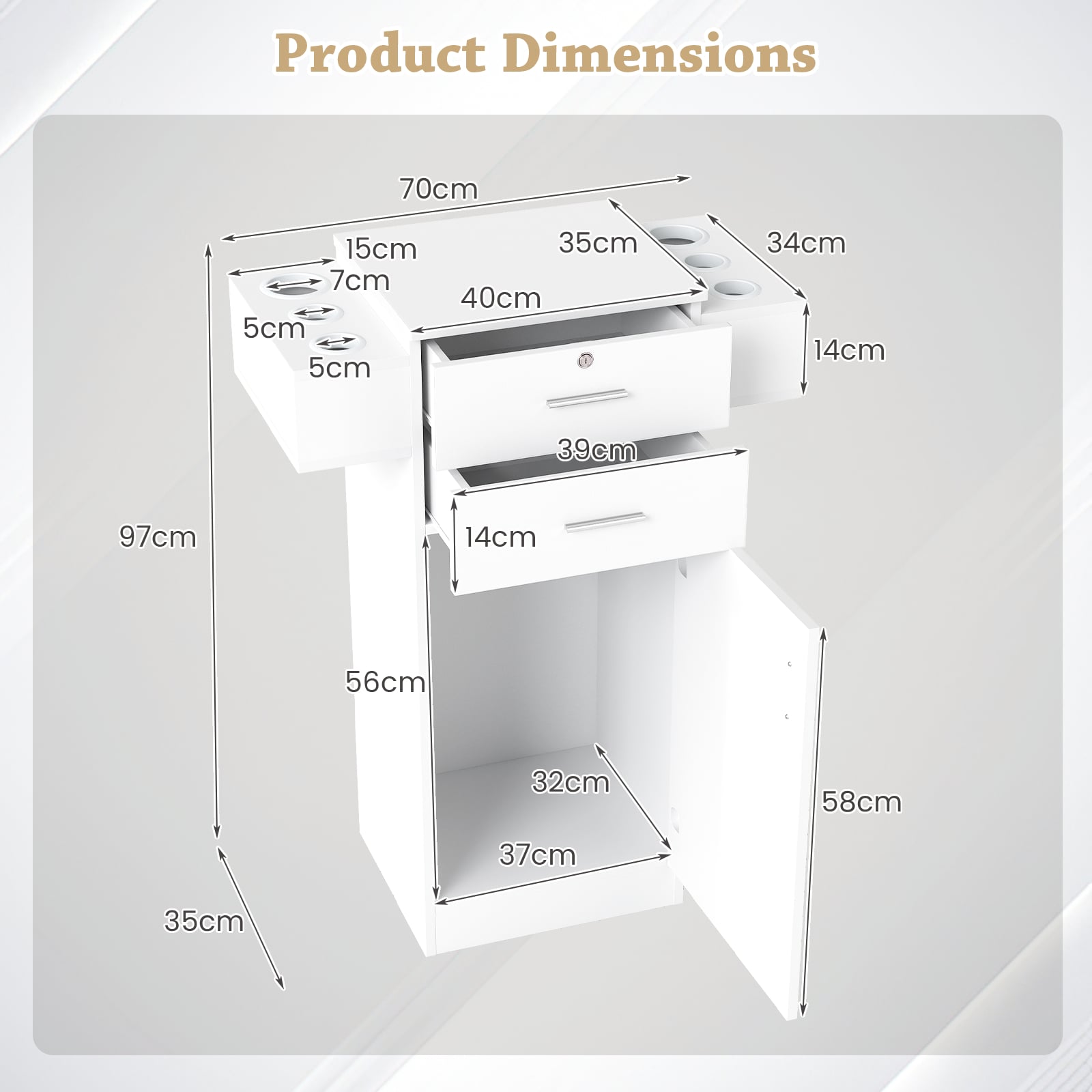 3-Tier Locking Salon Storage Cabinet with 2 Drawers and 6 Hair Dryer Holders-White