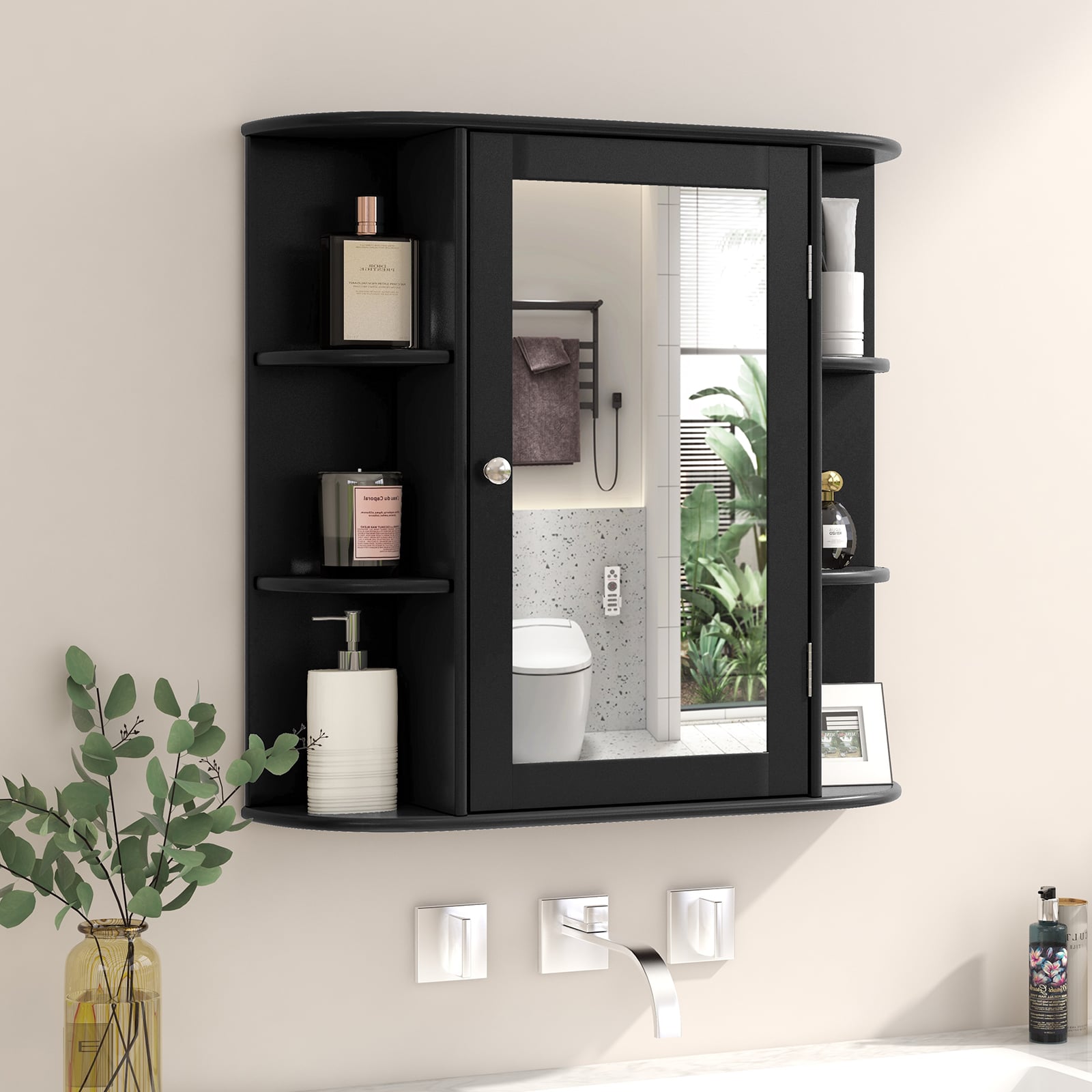 3-Tier Mirrored Wall Mounted Bathroom Cabinet-Black