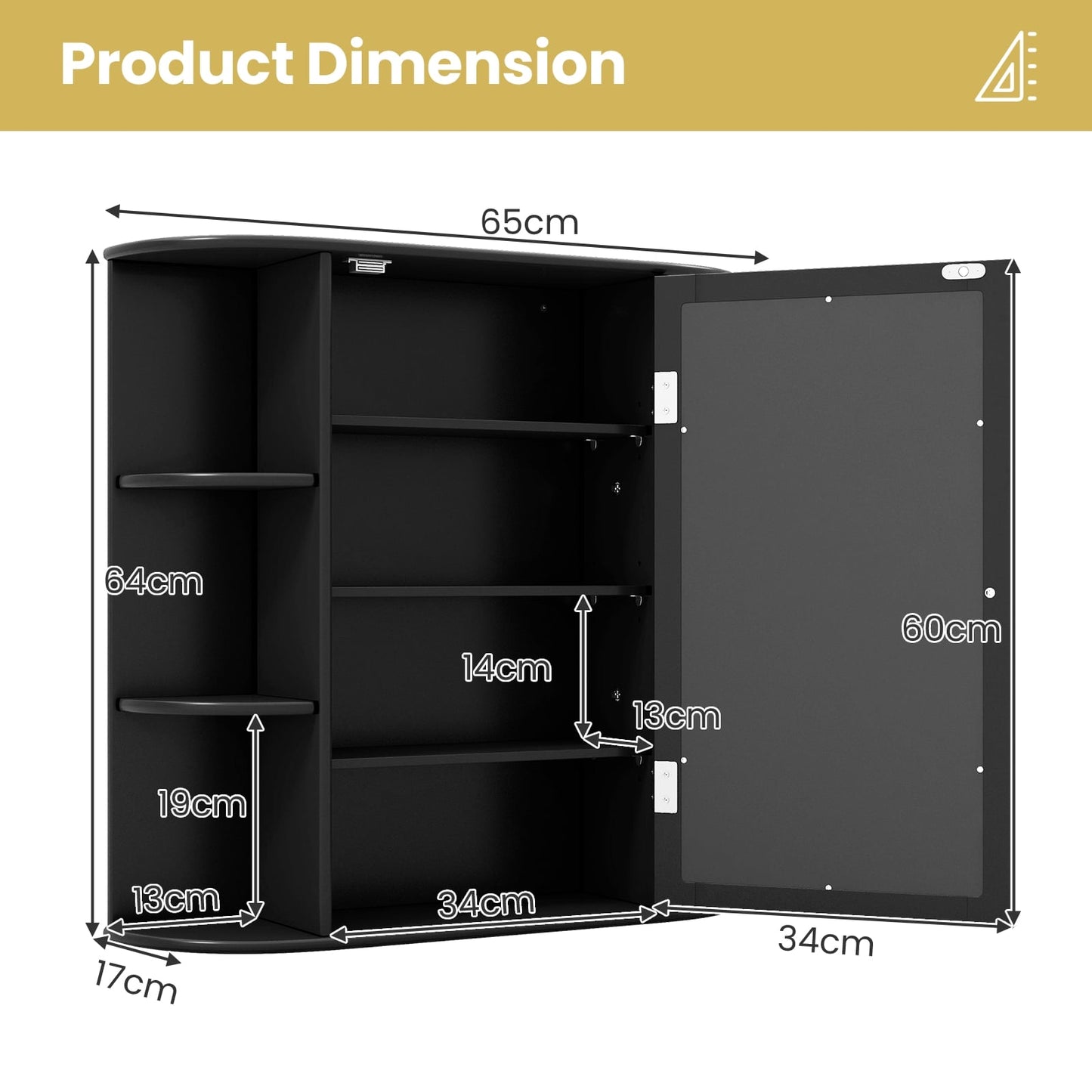 3-Tier Mirrored Wall Mounted Bathroom Cabinet-Black