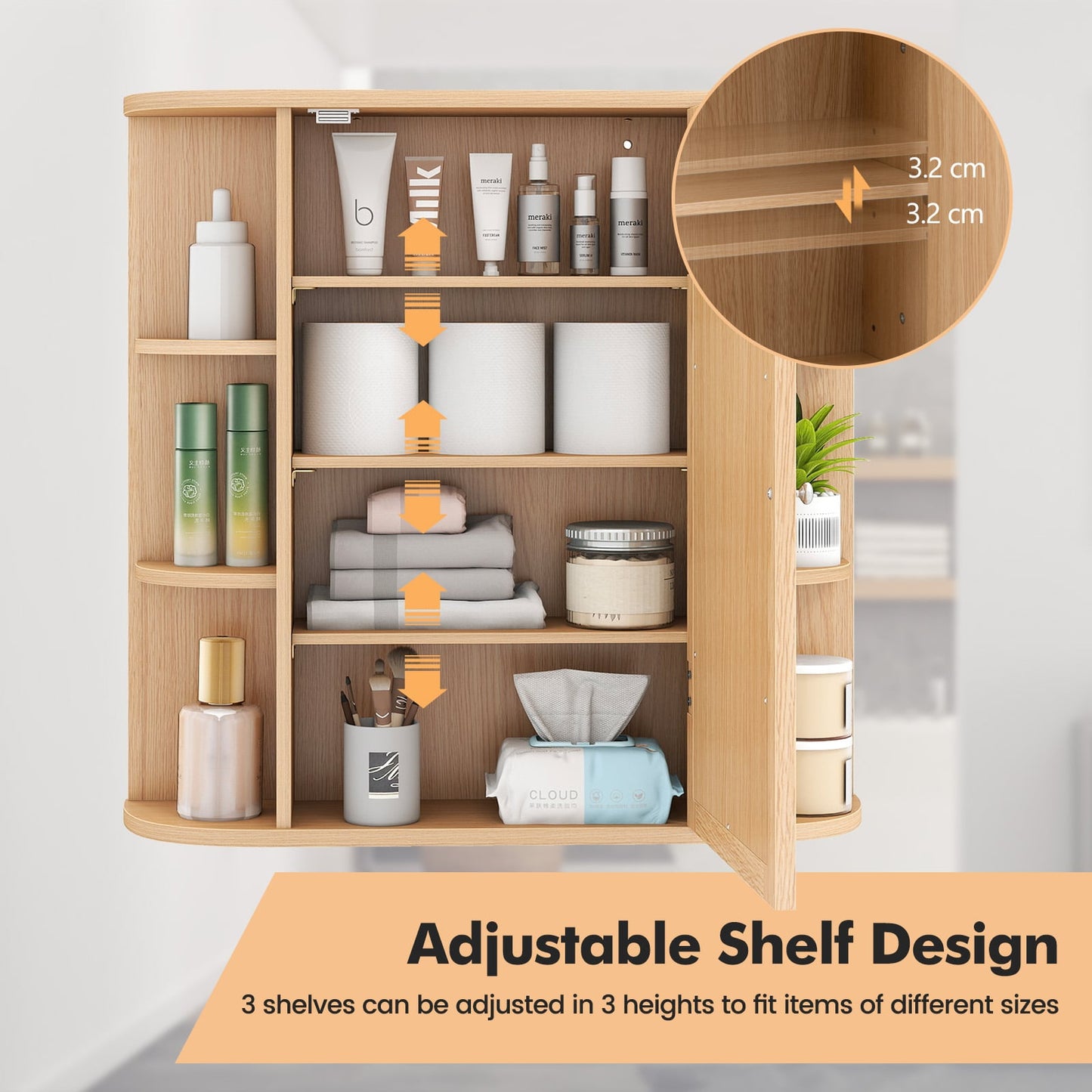 3-Tier Mirrored Wall Mounted Bathroom Cabinet-Natural