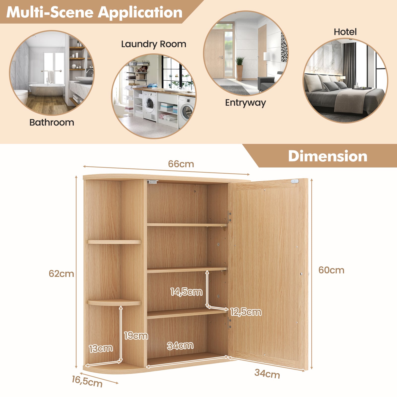 3-Tier Mirrored Wall Mounted Bathroom Cabinet-Natural