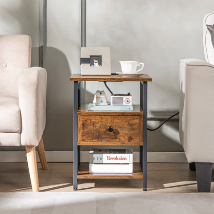 3-Tier Nightstand with Charging Station Open Shelves and Drawer-Brown