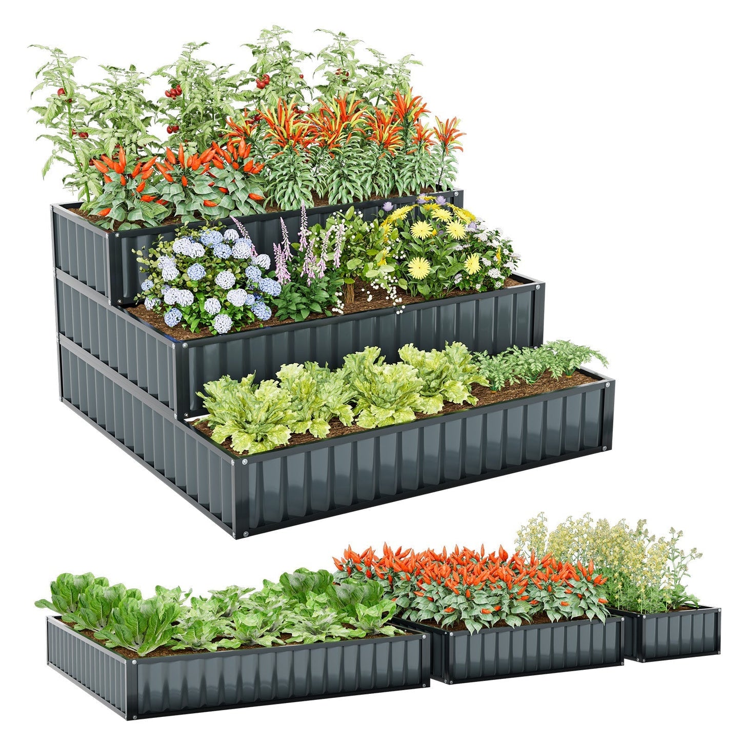 3-Tier Raised Garden Bed with Open ended Base for Vegetable Fruit Flower Herb-Black