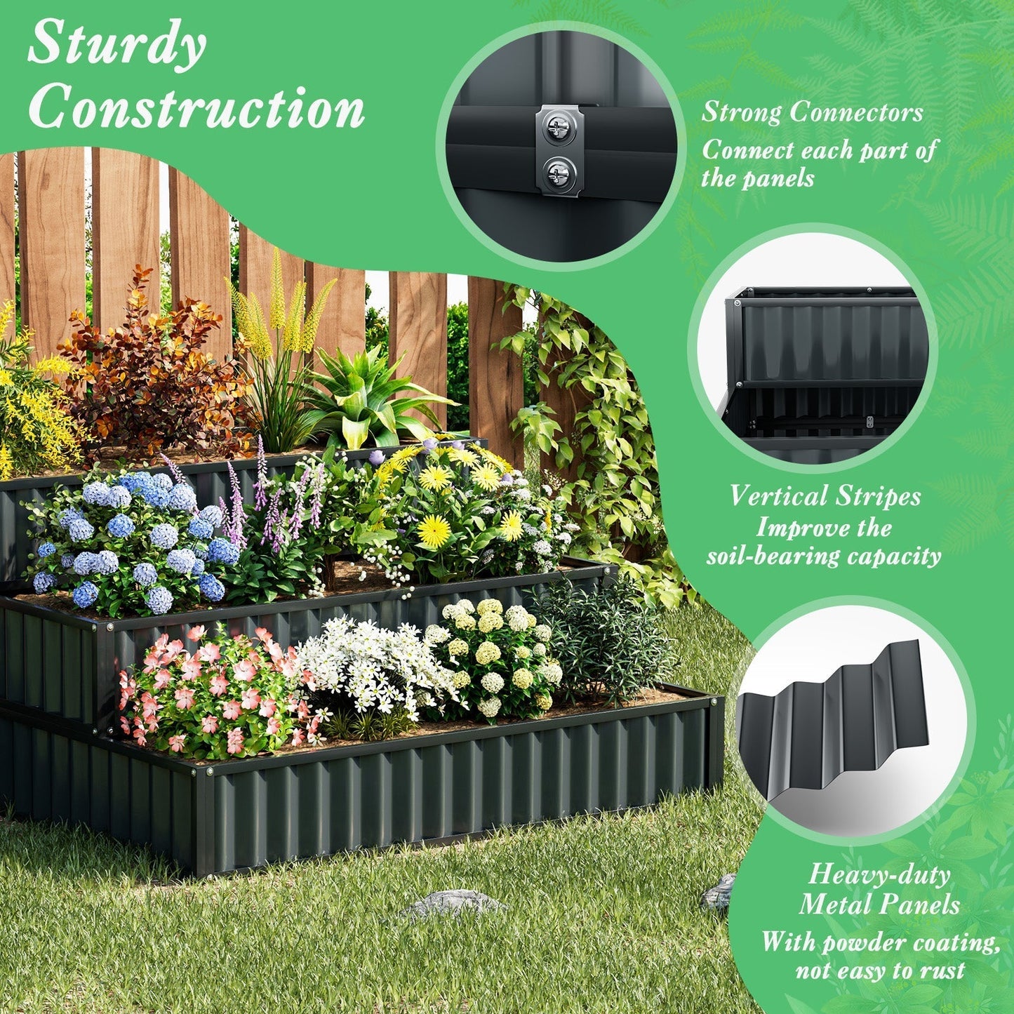 3-Tier Raised Garden Bed with Open ended Base for Vegetable Fruit Flower Herb-Black