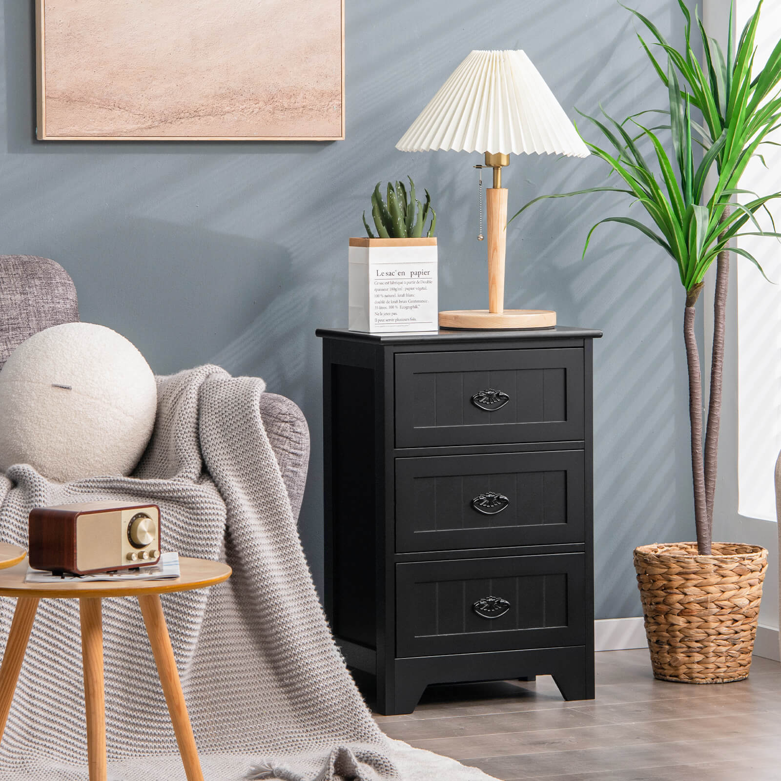 3-Tier Vintage Nightstand with Exquisite Metal Handles-Black