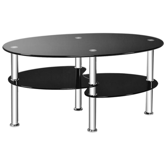 3-Tiers Tempered Glass Coffee Tables with 2 Shelves-Black