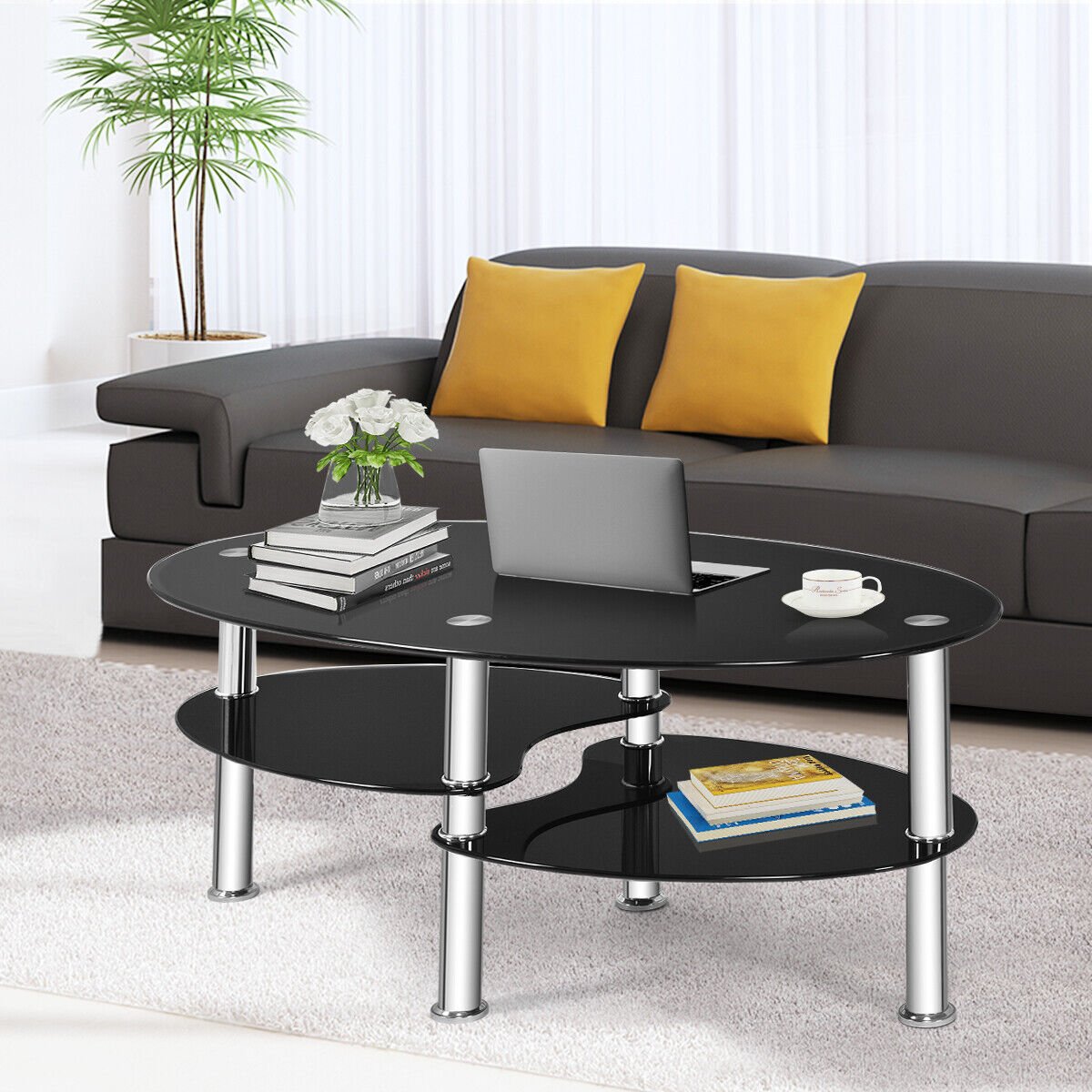 3-Tiers Tempered Glass Coffee Tables with 2 Shelves-Black