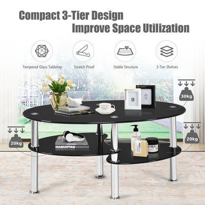 3-Tiers Tempered Glass Coffee Tables with 2 Shelves-Black