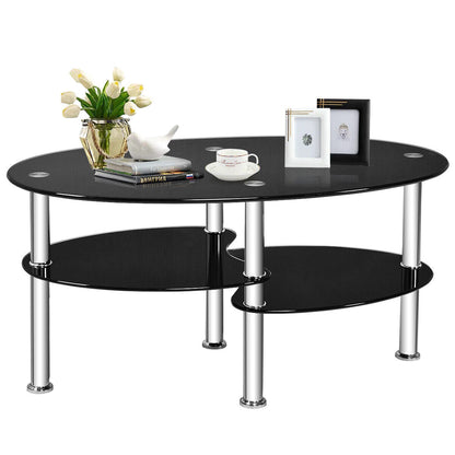 3-Tiers Tempered Glass Coffee Tables with 2 Shelves-Black