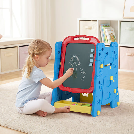 3 in 1 Art Easel for Kids Double Sided Magnetic Board Chalkboard and Whiteboard-Blue