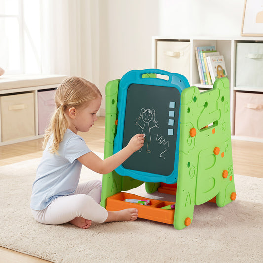3 in 1 Art Easel for Kids Double Sided Magnetic Board Chalkboard and Whiteboard-Green