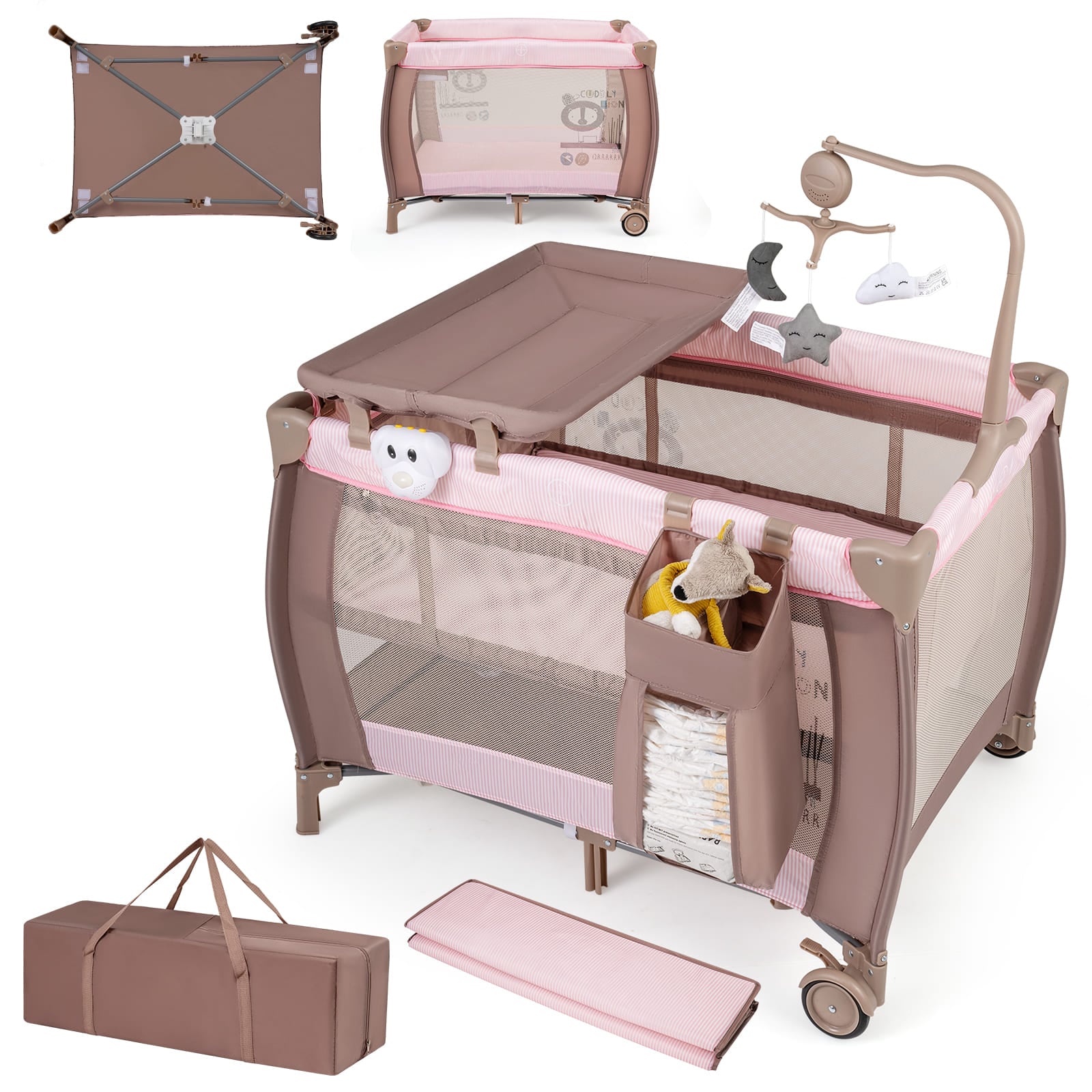 3 in 1 Baby Activity Center Foldable Pack and Play with Diaper Changing Table-Pink