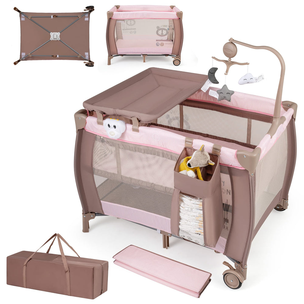 3 in 1 Baby Activity Center Foldable Pack and Play with Diaper Changing Table-Pink