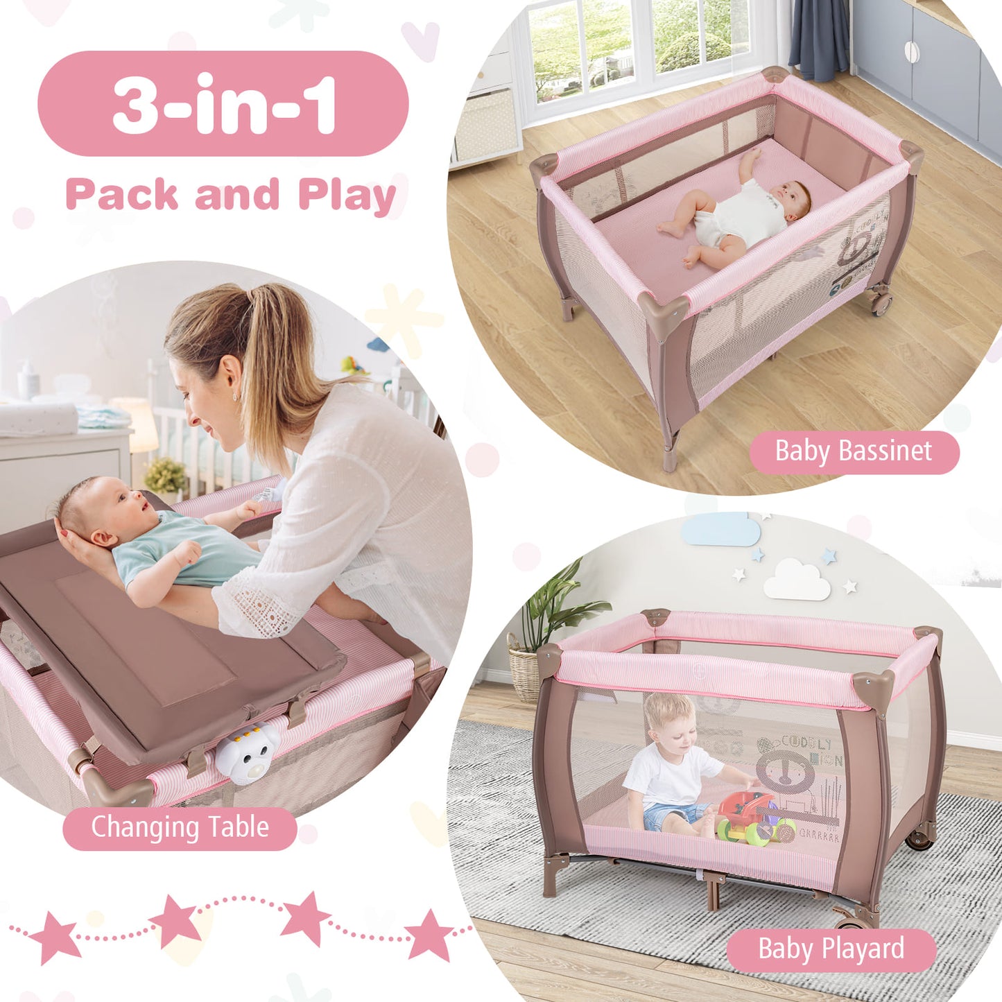 3 in 1 Baby Activity Center Foldable Pack and Play with Diaper Changing Table-Pink