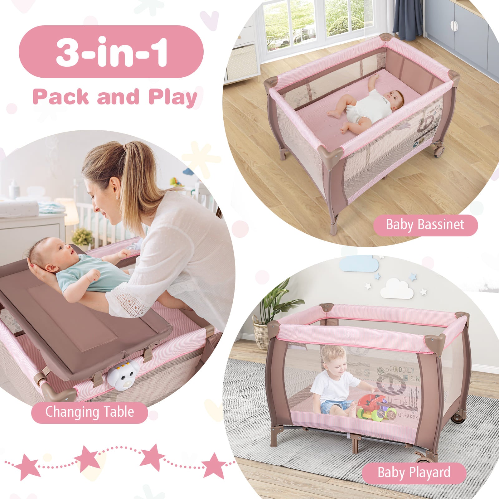 3 in 1 Baby Activity Center Foldable Pack and Play with Diaper Changing Table-Pink