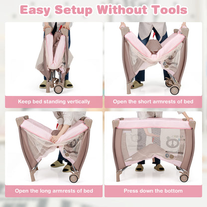 3 in 1 Baby Activity Center Foldable Pack and Play with Diaper Changing Table-Pink