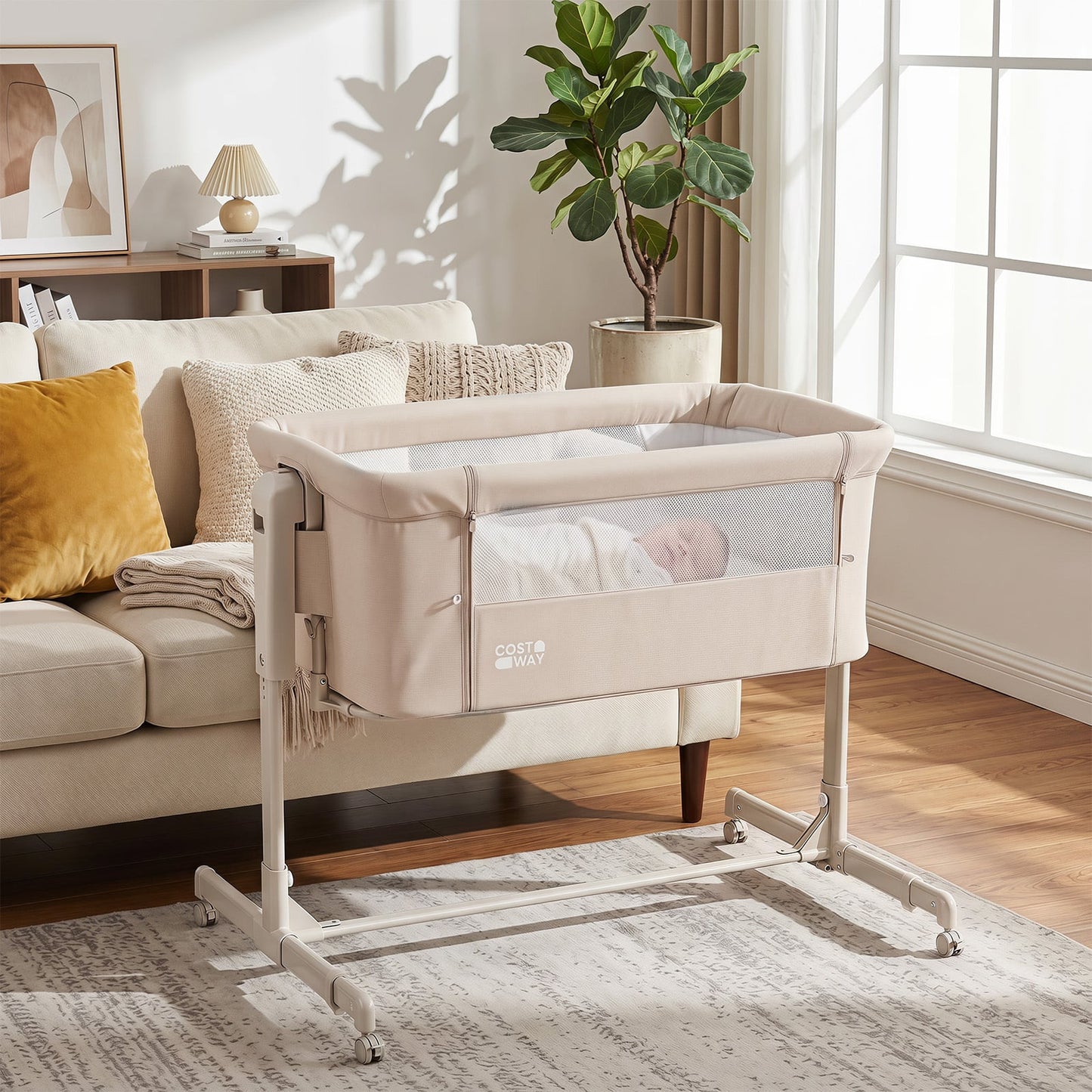 3-in-1 Baby Crib Height-Adjustable Bedside Crib with Castors-Beige