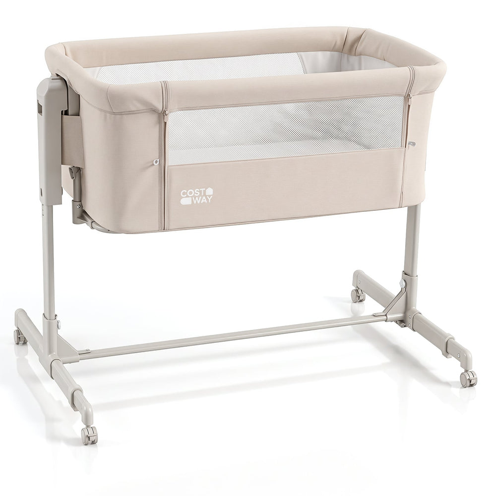 3-in-1 Baby Crib Height-Adjustable Bedside Crib with Castors-Beige